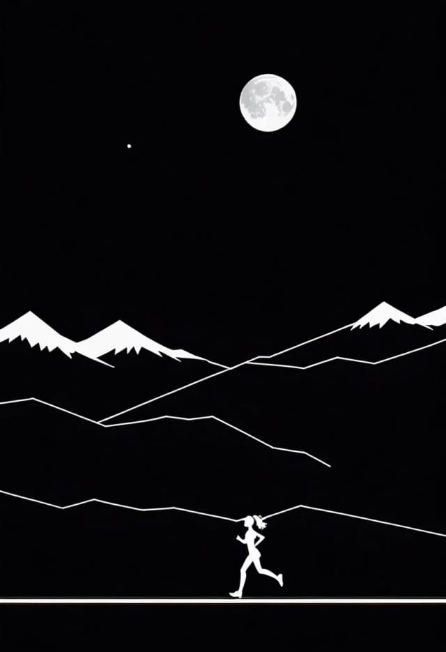 a black background, a horizontal white line, a small silhouette of a girl with a thin white line in profile, running along a white line. There are mountains against the background, and the moon is above them. Minimalism