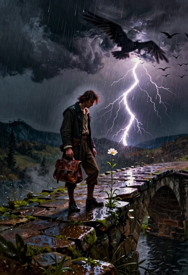 Dramatic wide shot in a painterly baroque style reminiscent of Caravaggio: deep chiaroscuro, heavy brushstrokes, rich saturated colors. A lone figure stands on a crumbling stone bridge during a thunderstorm; lightning strikes in the distance, freezing the moment in stark white light. In the legend, he’s a cursed outlaw who brings storms wherever he goes; in reality, he’s just a man clutching a worn leather satchel, looking not at the sky, but at a small, delicate flower growing between the cracks of the bridge. His face is half in shadow, but his expression is gentle, almost sad. Rain drenches the stone, and every drop is rendered with photorealistic clarity despite the painterly texture. Background: dark clouds, silhouettes of distant hills, a flock of birds scattering in panic. Foreground: wet moss, rough stone, the flower’s petals trembling in the wind. Lighting: single bolt of lightning as the key light, deep blacks contrasted with glowing highlights. 8K, painterly render with visible brushwork, volumetric mist, realistic water droplets, dramatic composition, emotional contrast between the “dangerous legend” and the quiet truth.