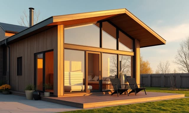 Luxury modern frame banya sauna house with a large panoramic glass windows, high-tech style, premium wood planks facade, a cozy attached outdoor terrace with comfortable chairs, solar panels on the roof, backyard setting, afternoon sun, hyper-realistic, photorealistic.