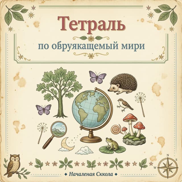 Картинка в винтажном стиле в пастельных тонах . Вверху картинки надпись:
Тетрадь 
по окружающему миру .