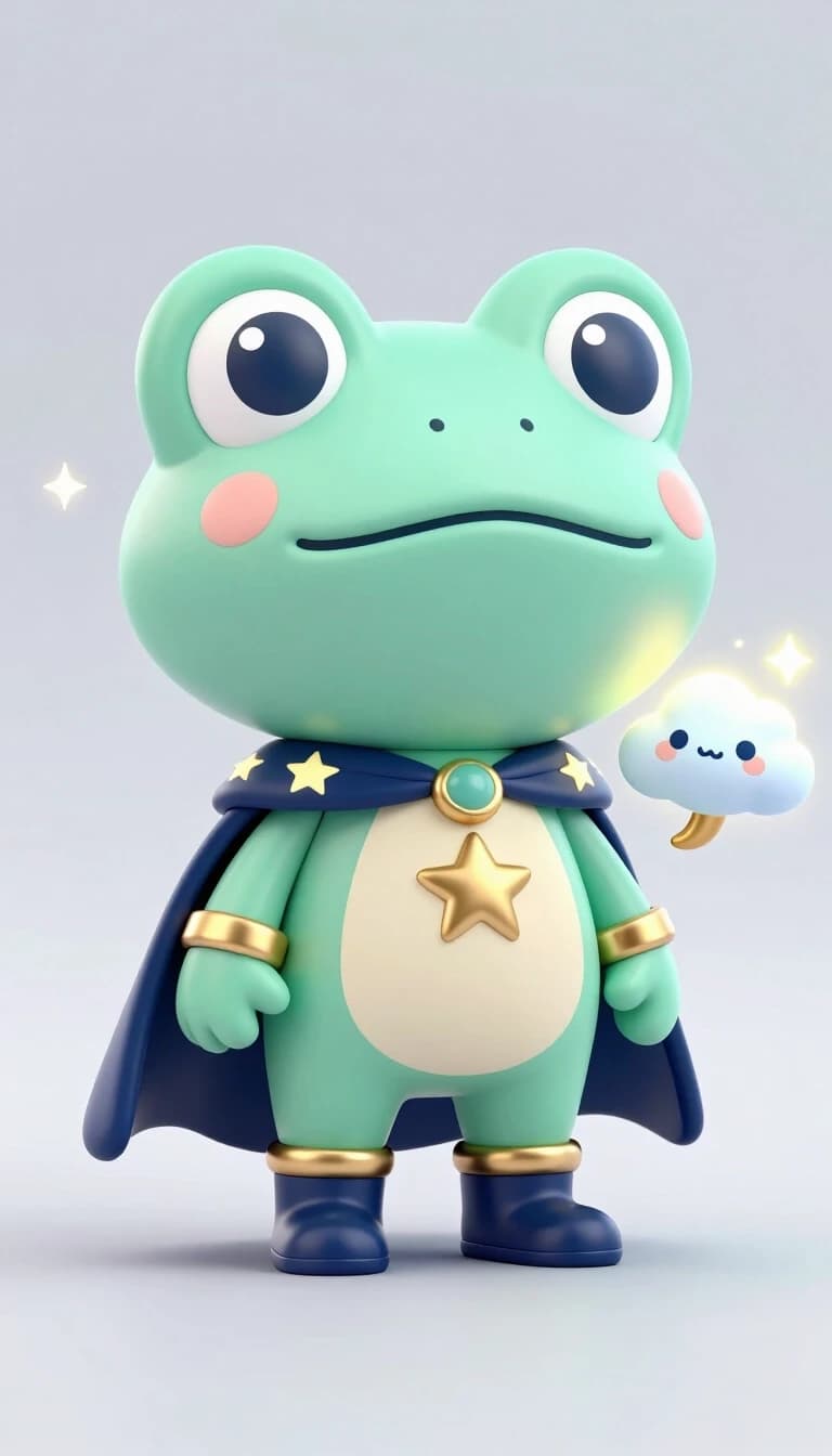 A whimsical fantasy-superhero frog character in designer toy style, standing proudly with tiny legs and a huge expressive head. He wears a star-patterned cape, a simple mask, and metallic wristbands. A glowing little cloud-creature floats beside him like a loyal sidekick. The style should be rounded, sculptural, and adorable, with smooth forms and premium collectible energy. Add subtle fantasy details like magical sparkles, tiny boots, and a glowing emblem. Use a charming palette of mint green, navy, cream, and gold. The mood should be uplifting, cute, slightly surreal, and perfect for a fantasy hero inspired by collectible art.
Steps: 11, CFG scale: 1, Sampler: Euler, Seed: 727426001614532, Model: K-ALUANv0.3.INT4, width: 768, height: 1024, Version: ComfyUI, Models used: K-ALUANv0.3.INT4