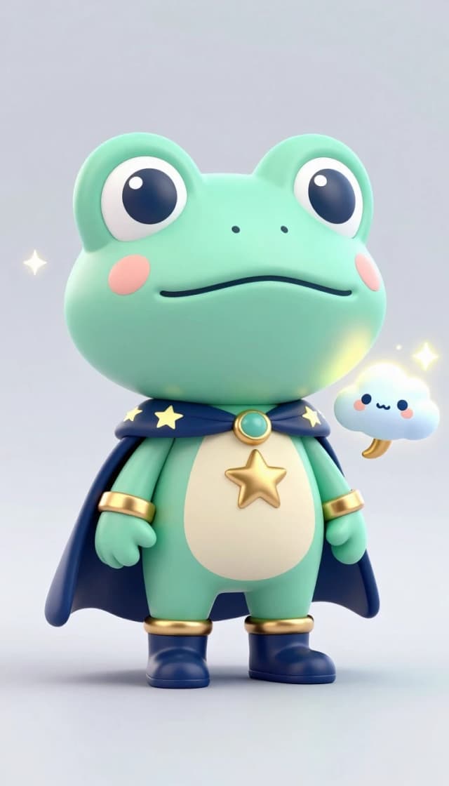A whimsical fantasy-superhero frog character in designer toy style, standing proudly with tiny legs and a huge expressive head. He wears a star-patterned cape, a simple mask, and metallic wristbands. A glowing little cloud-creature floats beside him like a loyal sidekick. The style should be rounded, sculptural, and adorable, with smooth forms and premium collectible energy. Add subtle fantasy details like magical sparkles, tiny boots, and a glowing emblem. Use a charming palette of mint green, navy, cream, and gold. The mood should be uplifting, cute, slightly surreal, and perfect for a fantasy hero inspired by collectible art.
Steps: 11, CFG scale: 1, Sampler: Euler, Seed: 727426001614532, Model: K-ALUANv0.3.INT4, width: 768, height: 1024, Version: ComfyUI, Models used: K-ALUANv0.3.INT4