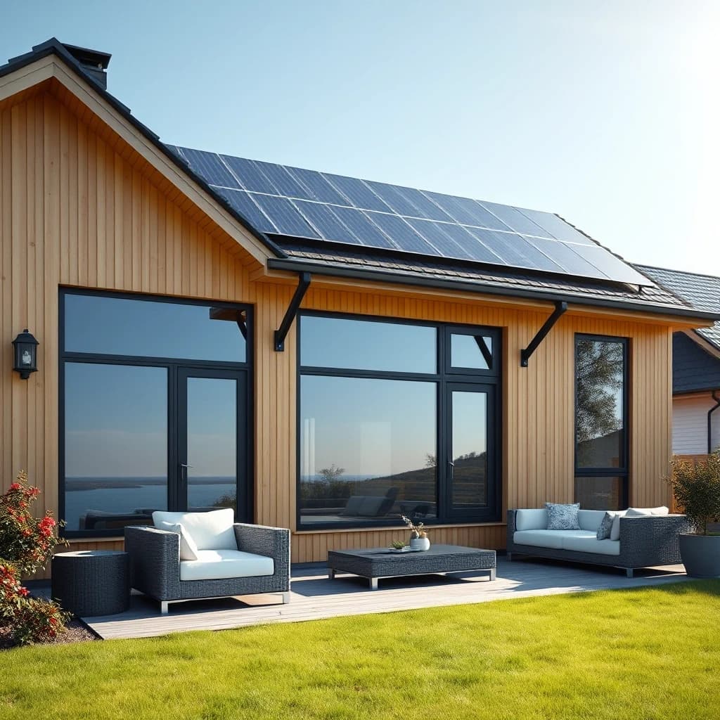 A gorgeous finished modern Scandinavian style frame house with an elegant natural wooden facade and huge panoramic windows. Sleek shiny black solar panels are neatly integrated on the roof, catching sunbeams. Cozy terrace with a modern outdoor sofa. Bright sunny day, fresh green lawn, photorealistic, 8k resolution, architectural masterpiece.