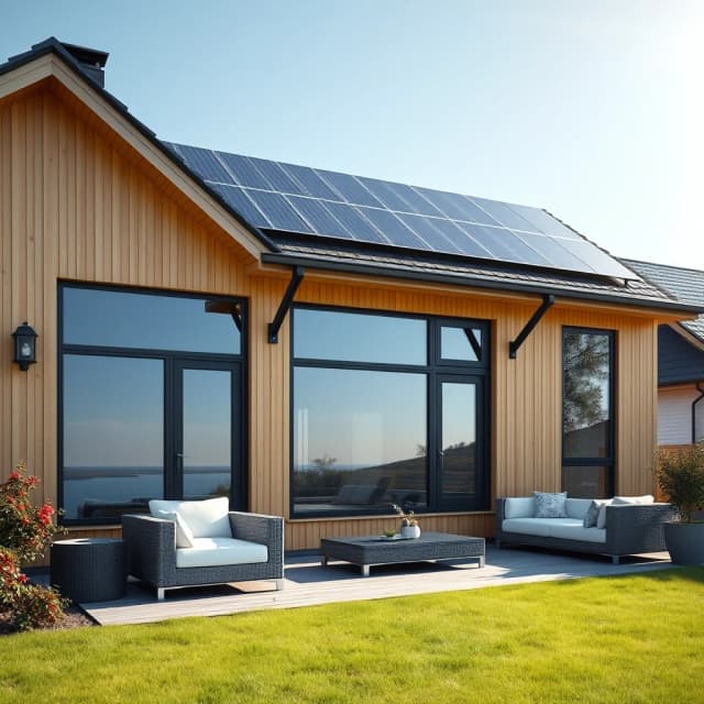 A gorgeous finished modern Scandinavian style frame house with an elegant natural wooden facade and huge panoramic windows. Sleek shiny black solar panels are neatly integrated on the roof, catching sunbeams. Cozy terrace with a modern outdoor sofa. Bright sunny day, fresh green lawn, photorealistic, 8k resolution, architectural masterpiece.