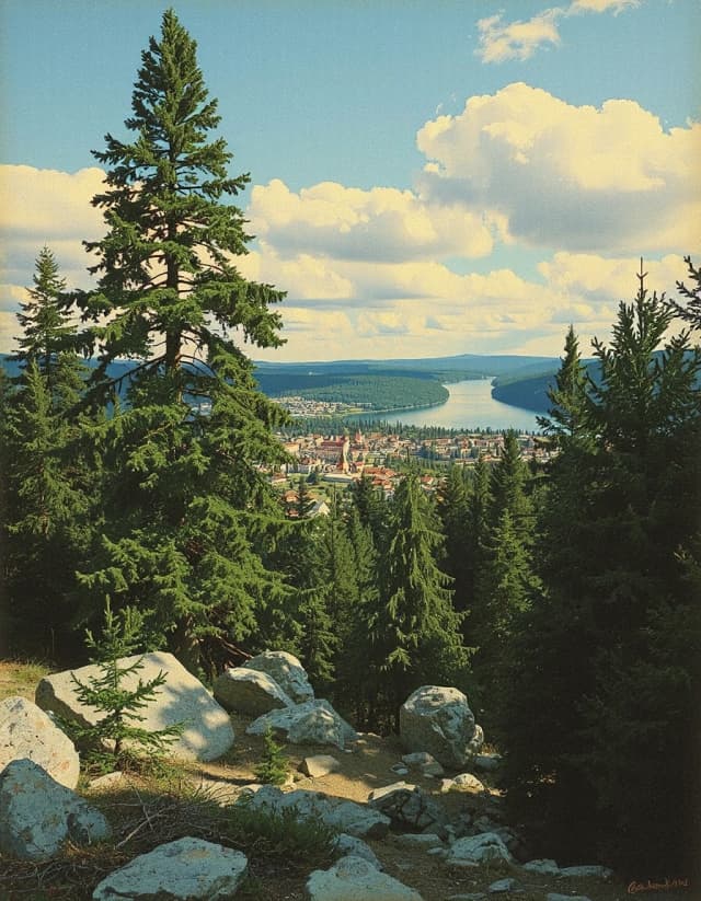 ,пейзаж, Даниэль Эгнеус, Эгон Шиле, Александр Бенуа, текстура, заросли, деревья, ели, сосны,  скалы, камни, провинциальный город у озера,  вид сверху, красивая панорама, легкие тени от облаков