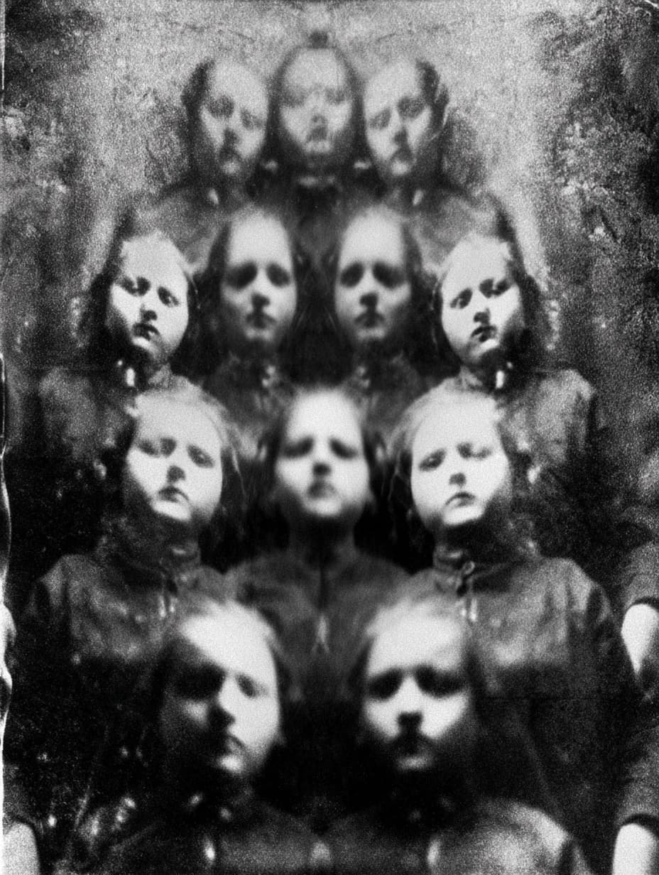 people with mental and paranormal developmental characteristics and psyker abilities of the closed educational institution, slight optical aberrations and fluctuation artifacts of physical distortions of the surrounding space, collage texture of small text from personal observation dossiers and student examination sessions, aesthetic of photographs from the late 19th and early 20th centuries --ar 3:4 --v 7.0 --stylize 50