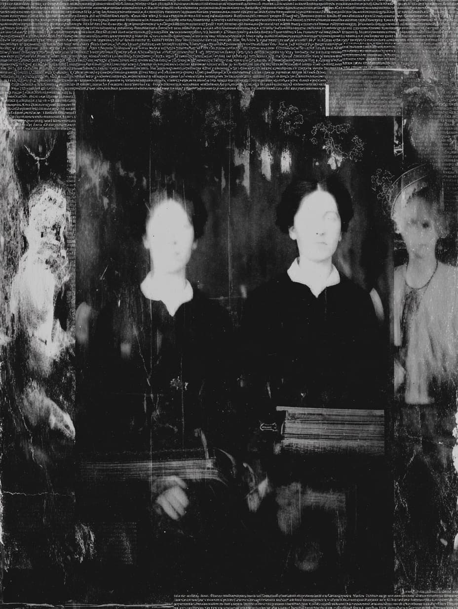 people with mental and paranormal developmental characteristics and psyker abilities of the closed educational institution, slight optical aberrations and fluctuation artifacts of physical distortions of the surrounding space, collage texture of small text from personal observation dossiers and student examination sessions, aesthetic of photographs from the late 19th and early 20th centuries --ar 3:4 --v 7.0 --stylize 50