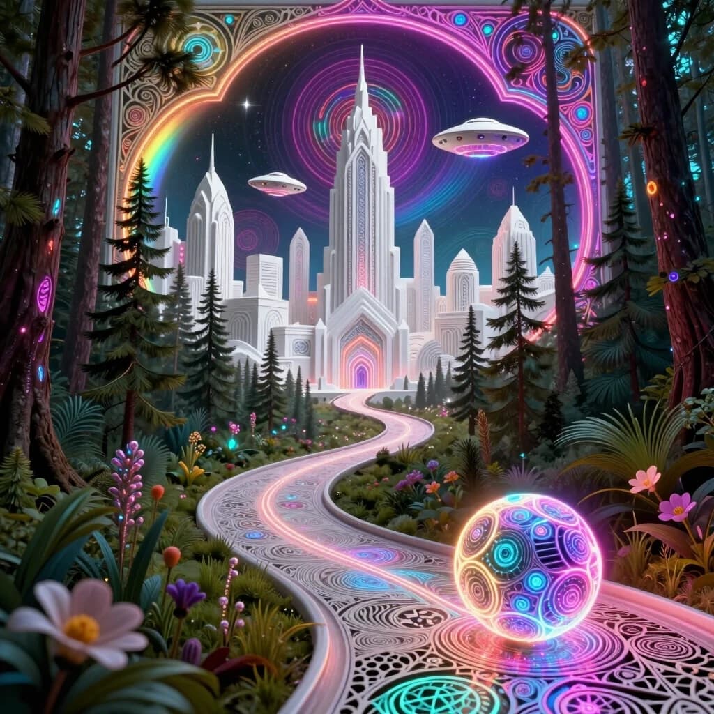 Background: a winding path leading from the forest to a white city. In the middle and far distance, a street in a futuristic ornamental white city with a (thrilling triphobic) neon pattern, spaceships, and flying saucers. Porous surfaces, zentangle, and shimmering. In the foreground, a magical forest with pine trees and flowers. A neon cybernetic ball rolls along the path. A thread from the ball. Shimmering and sparking. Glowing from the inside. Openwork metal carving, like delicate lace. Contrasting edges. Sparkling, shimmering colors. Style: Rococo, Neo-Rococo, Baroque, Mudéjar, light oriental motifs, Art Nouveau. High quality and detailed work. Baroque curves. Fascinating contrasting image. Attracts the eye. Play of light. Depth and volume. Art Deco, Gothic. In the style of Andrew Jones, Julie Dillon, David Gallchatt, Josephine Wall. Glowing patterns, bioluminescent drawing. Aetherial lighting, jewelry with details, mystical atmosphere. High detail, surrealism. Otherworldly effect, sacred geometry, futuristic tribal, rainbow, magical realism.