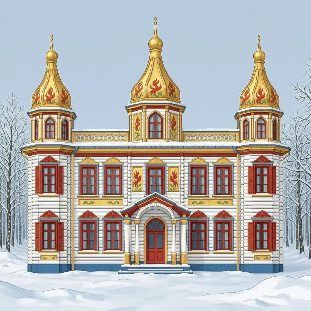 create an image of the royal estate, 2 floors, with turrets, kokoshniks, scarlet flowers and firebirds on the tiles, carved columns, many colored murals on the facade, built in the style of Russian folk tales from round logs, with turrets, wide side extensions and arches; colors: many golden murals, white, red, with blue accents; fabulous style, bright colors, glossy gold patterns, carved shutters with three-dimensional patterns, many carved elements and patterns in the folk Russian style, reminiscent of the Summer Palace of Tsar Alexei Mikhailovich in the Kolomenskoye Museum Reserve, in the background — a winter fairy forest with snowdrifts; 3D illustration, "Draw the house strictly full-face, without turns, so that the facade is fully visible, without a side corner." “Generate an image of the house facing forward, with the front facing the camera. Do not allow any tilt or angle.” “Draw the house frontally. Avoid three‑quarter or profile angles. “Focus on the facade: the entire house, without any rotations. Emphasize the symmetry and the frontal plane.
• Projection: there must be a clear frontal (orthogonal) projection.” It completely lacks perspective projections: the vertical logs extend strictly upward, while the horizontal lines of the cornices and floor extend strictly to the left and right, without the slightest tilt toward the vanishing point. The building looks absolutely flat, like an architectural design drawing or an ideal theatrical backdrop.
• Symmetry: the left and right sides of the tower are mirror images of each other relative to the central axis. The central tower, the porch, and the roof ridge are aligned on the same straight line.
• Composition (wide format): the image is panoramic. The entire facade is visible from the edge of the left wing to the edge of the right one. The low horizon line allows the building to be shown in its full two‑story height with towers, without cutting off the roof.
• Facade details:
• Walls: massive crowns made of round white logs.
• Decor: a continuous carpet of glossy gold painting on a white background, carved red window surrounds depicting fire‑birds and scarlet flowers.
• Shutters: the three‑dimensional carving rises above the wall surface, creating a complex interplay of light and shadow even under frontal lighting.
• Background: the winter forest is located far behind the house. Due to the lack of perspective, it seems as if the trees are glued to the background; they do not obscure the corners of the building and do not distort the perception of its strict geometry. Snowdrifts lie on the flat white field.
