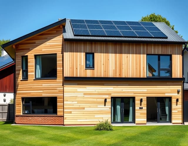Vertical architectural photography, 3:4 aspect ratio, modern two-story frame house, light wood facade with black metal accents, solar panels on the roof, green lawn, sunny day, sharp focus.