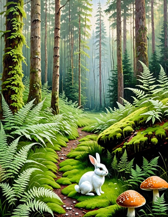 A masterpiece. Creating an image. Style - oil painting. (( A secluded forest glade among ferns, mushrooms and moss, with a bunny sitting in the foreground:1.6)). High resolution. High detail and clear texture. Close-up. High quality. Increased attention to small details. The aspect ratio is 3:4. The artists are Levitan, Shishkin.