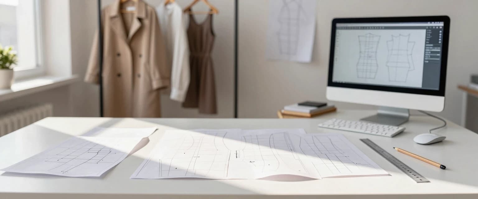 Fashion design bureau for pattern making, front view. Foreground: a clean white desk with neatly arranged paper patterns, garment darts, technical sewing schemes, graphite pencils, and a long transparent ruler. Background (slightly blurred): a clothing rack with finished garments (a coat and dresses) and ready-made paper patterns hanging nearby. In the right corner of the desk, there is a modern computer with a monitor displaying a CAD software interface showing the contours of a pattern being developed. Lighting: bright, sunny daylight coming from a window on the left, casting soft natural shadows and gentle highlights on the desk. Atmosphere: creative, tidy, professional atelier.