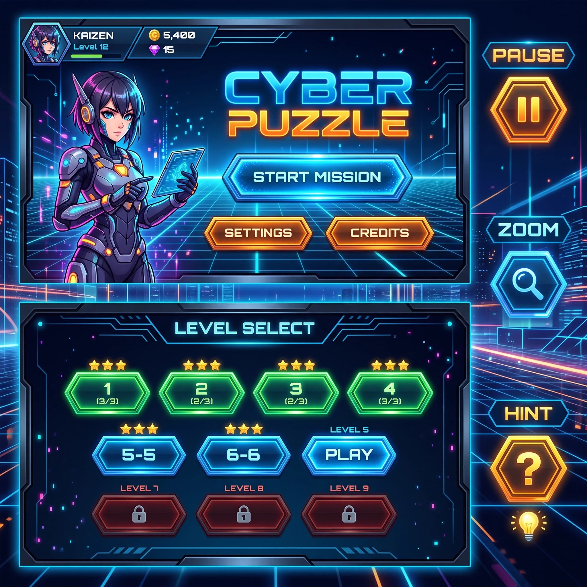 Нарисуй ui kit для мобильной игры головоломки пазл, в стилистике аниме трон отмеченном богом. Чтоб было главное меню, уровни, кнопки пауза увеличения подсказка.