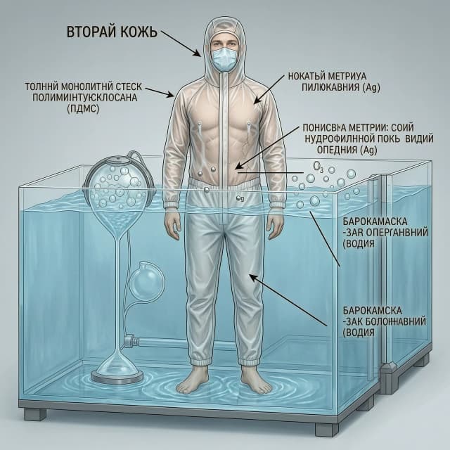 Микроскопический срез силиконового костюма толщиной 150 микрон под электронным микроскопом.Внешняя сторона (к воде): Плотный монолитный слой полидиметилсилоксана (ПДМС). Схематично изображены крупные кластеры молекул воды (\(H_{2}O\)), которые отталкиваются от гидрофобной поверхности мембраны.Внутренняя структура (диффузия): Пористая матрица полимера с микроканалами. Показано, как мелкие одиночные молекулы растворенного кислорода (\(O_{2}\)) и озона (\(O_{3}\)) свободно пролетают сквозь мембрану по градиенту давления к телу человека [документ №2].Внутренняя сторона (к коже): Тонкий слой ворсистого гидрофильного покрытия (5 микрон), на котором точками обозначены наночастицы серебра (Ag) [документ №2], контактирующие с эпидермисом пациента. Нужна картинка на которой изображен человек с костюмом для операций "Вторая кожа" со стрекой указывающей на состав данного костюма , почти правильно только этот костюм без обуви он похож на гидрокостюм где закрыто лицо и к носу и рту подключается аппарат ивл и другие системы жизнидеятельности пациента в операционной, ткань прозрачная для видимости человека сквозь нее и с отвествиями для зон операций, пациент погружен целиком в барокамеру наполненную водой как в аквариуме, аквариум создан по принупу песочных часов как два аквариума-барокамеры с клапоном отхода воды в нижний резервуар по принципу песочных часов а человек находится в барокамере как эмбрион только ровно как бы паря в воде