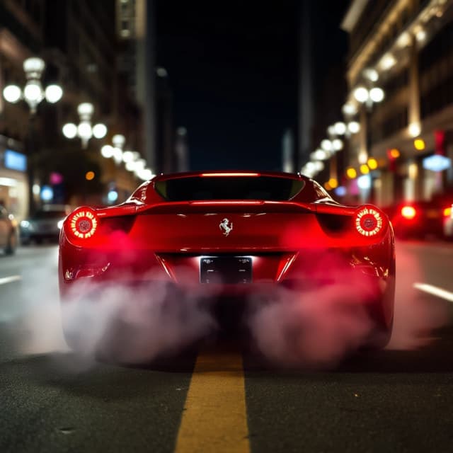 ferrari делает бернаут на главной улице в ночном городе, тормоза раскалились, вид сзади, из колес идет дым