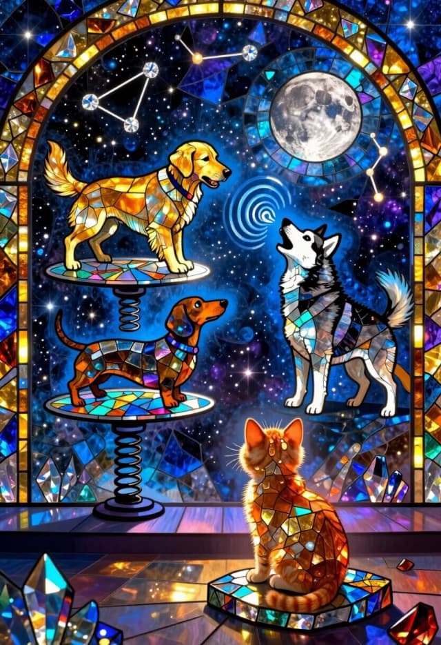 Surreal cosmic stained glass mosaic, where every object is made of iridescent crystal fragments and colored glass. A dog talent contest on a floating stage above a starry void. A golden retriever performs a balancing act on a rotating crystal disc; a dachshund launches itself off a springboard made of glowing glass tesserae; a husky howls at the moon, and the sound waves are visualized as rippling rings of blue glass shards.

In the lower foreground, a tiny ginger kitten is sitting on a chunk of broken mosaic stone, watching the show with awe. Its fur is a mosaic of orange, gold, and cream glass fragments; the stage lights pass through the translucent shards, giving the kitten a warm inner glow. The kitten’s eyes are huge, its ears perked — it’s completely spellbound.

Above, the sky is a celestial mosaic: constellations etched in deep blue and violet glass shards with diamond-like highlights. Tiny glowing motes drift like stardust, and prismatic reflections shimmer on every surface. The stage is bordered by glowing arches of amber and gold tesserae that frame the dogs like a spotlight.

Color palette: deep space blues and purples contrasted with warm golds, ambers, and silvers; iridescent highlights everywhere. Mood: wonder, celebration, магия таланта.

Technical: luminous stained glass mosaic style, iridescent crystal shards, prismatic light reflections, ethereal glow, intricate glass tesserae, volumetric lighting, strong chiaroscuro, hard silhouette edges, glowing celestial motifs, floating stardust particles with bloom, atmospheric haze, fast light drop-off, subsurface scattering for translucent fragments.