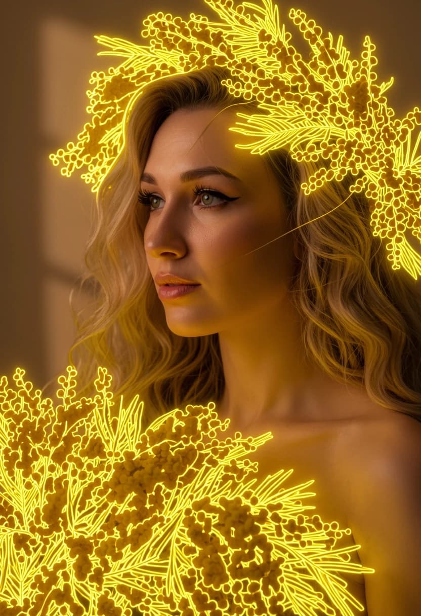 Detailed photo of the girl, with delicate thin micro LED neon flex strings neatly tracing the exact shapes of the mimosa flowers and wreath. Ultra-thin yellow neon wire overlay, 8mm glowing neon cord outlines, precise and clean electrical light design, perfect face preservation, realistic commercial glowing product photography