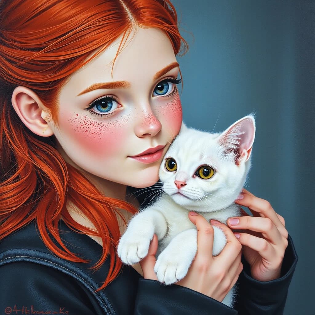 Красивая рыжая девушка с веснушками с белой кошкой в руках.