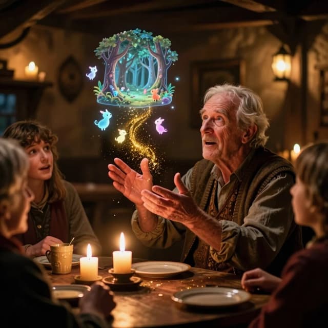 Photorealistic shot of an elderly storyteller in a dimly lit village tavern. As he speaks, golden shimmering particles emerge from his hands, forming a translucent, glowing holographic forest with tiny magical creatures that float around the captivated listeners. Soft candlelight, warm amber tones, volumetric dust, hyper-detailed facial expressions of wonder on the audience's faces. Cinematic bokeh, 8k, cozy and magical atmosphere.