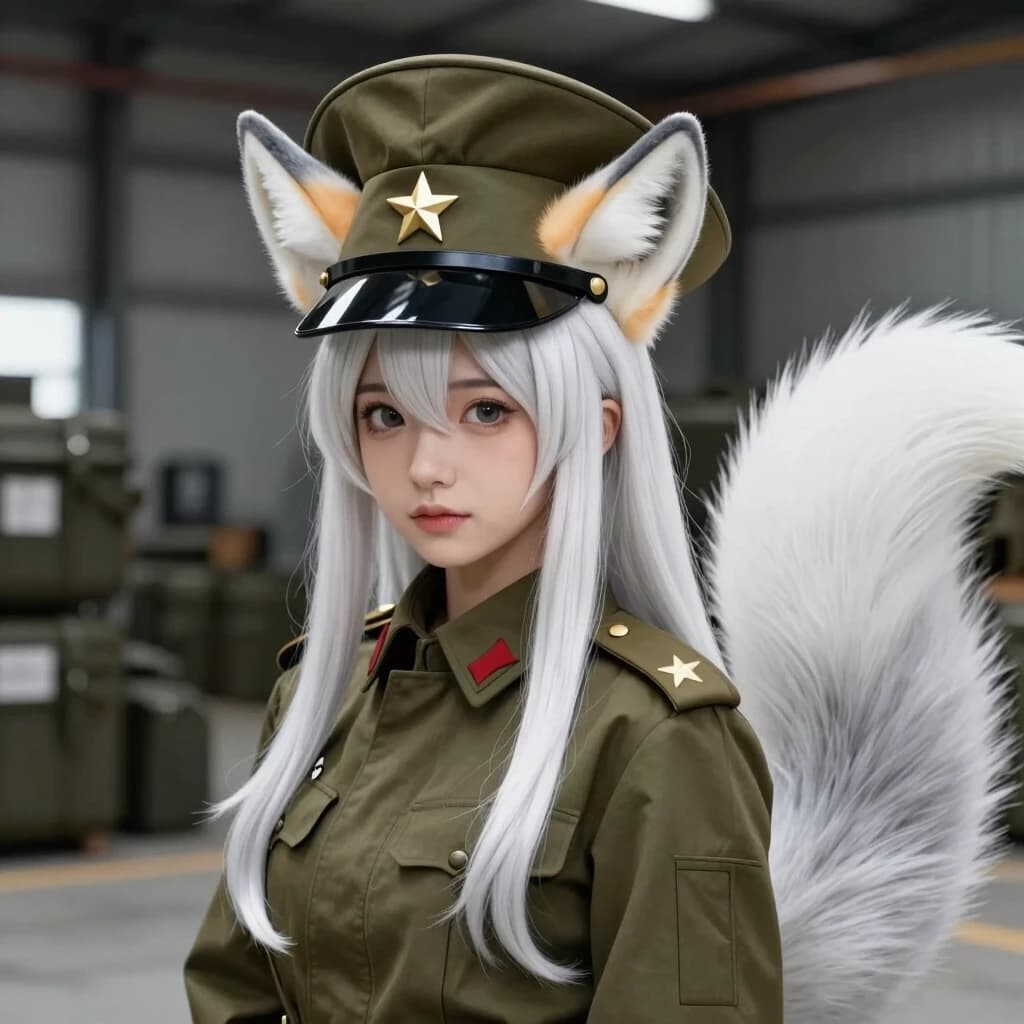 A beautiful Kumiho girl wearing a large oversized round military visor hat with a wide flat circular top and a black glossy brim visor, a small gold star pin in the front. She has long white hair and matching monochrome pure white and silver fox ears. She has one single large fluffy white and platinum-grey fox tail behind her. She is wearing an olive-drab Soviet uniform jacket, two small stars on shoulder boards. Standing in a military supply warehouse, highly detailed, 8k resolution,Красивая девушка-Кумихо в большой круглой военной фуражке с широким плоским круглым верхом и черным глянцевым козырьком, маленькая золотая звезда-значок спереди. У нее длинные белые волосы и аккуратные монохромные чисто белые и серебряные лисьи ушки. Сзади один большой пушистый бело-платиновый лисий хвост. На ней надета советская форменная куртка оливкового цвета, две маленькие звезды на погонах. На фоне военный склад снабжения, высокая детализация, разрешение 8k.
