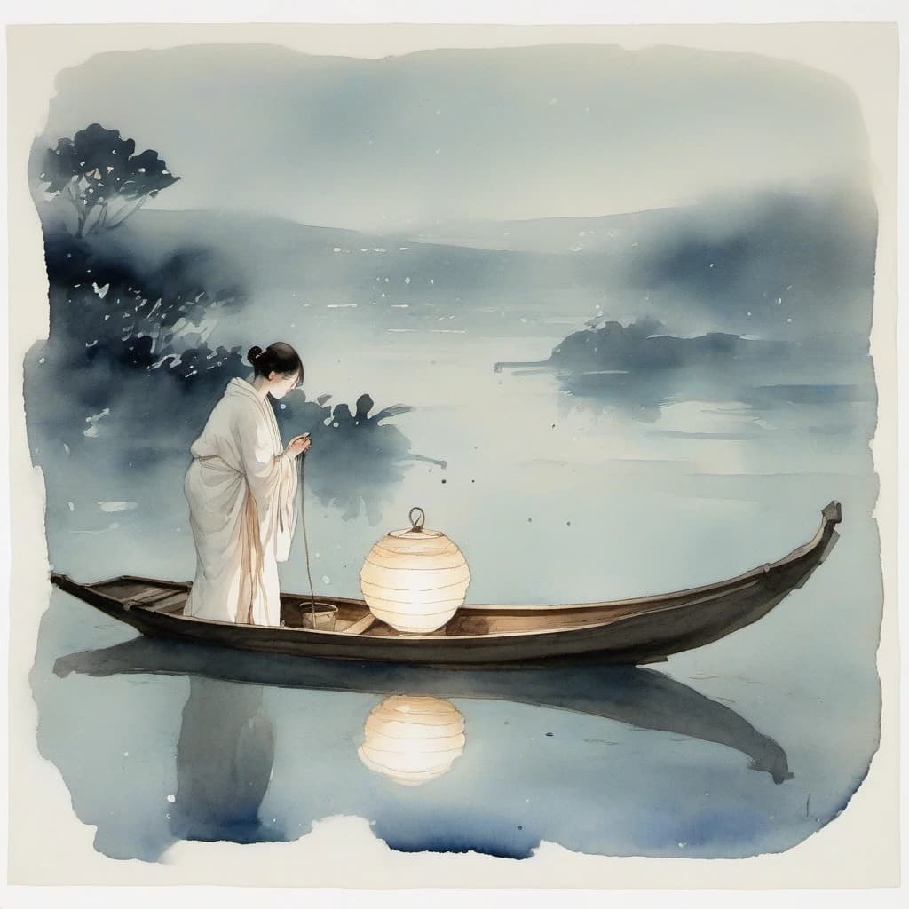 A loose wet-on-wet watercolor painting on coarse cotton paper: a woman in white silk robes kneels on one knee on a small wooden boat at night, lowering a lotus-shaped lantern to the water. Wide bands of untouched white paper frame the scene, camera just above the water surface.