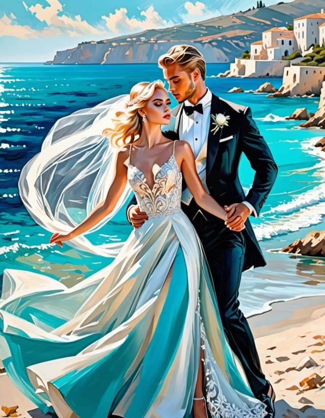 A masterpiece. Creating an image. Style - oil painting. ((On the shore of the turquoise sea, against the background of the Mediterranean landscape, a beautiful blonde girl, expressive eyes, clear facial features, in a wedding dress and veil, and a handsome young man in a tuxedo, in full growth, dancing together, holding hands, waltzing in the warm summer rain, the sun is shining:1.6)). High resolution. High detail and clear texture. Close-up. High quality. Increased attention to small details. The aspect ratio is 3:4. The artists are Levitan, Shishkin.
