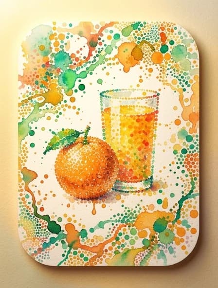 Watercolor splashes and streams of watercolor on rounded watercolor paper. In the style of Agnes Cecil. Image in the technique of digital pointillism. Drops and spots of bright colors add up to a small, logo-like still life: a glass of bright tropical juice and an orange created from colored watercolor spots of blots, dots on a textured canvas: a complex pattern of dots and drops, a fractal pattern of dots and drops around. Delicate drops of watercolor form the texture of an orange peel. The point textures of the complex fractal background form a bizarre abstraction. A harmonious combination of watercolor impressionism and pointillism. The atmosphere of strangeness and surrealism. Soft warm golden light, bright shades of emerald and amber. Emerald green and sunny orange colors on a light background of textured watercolor paper create a sense of unusual modern craftsmanship and style.