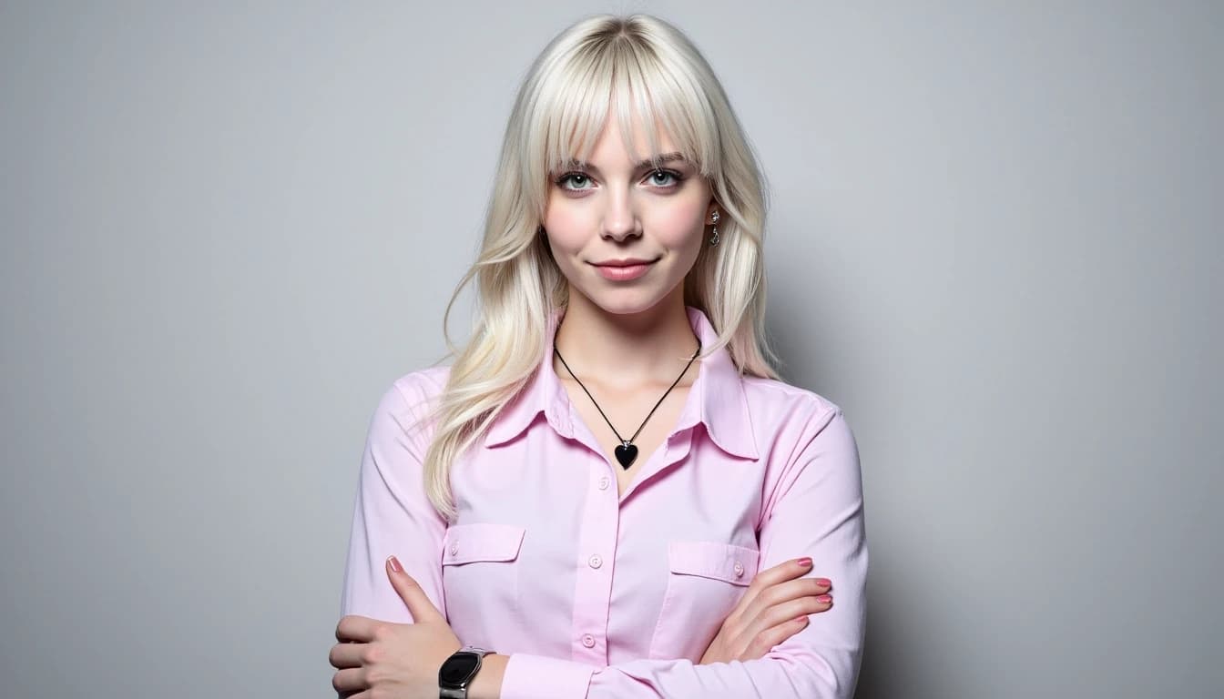 A confident young woman stands against a neutral background, exuding a strong, modern gothic vibe. She has long, platinum blonde hair with straight bangs and striking heterochromia—one blue eye and one green eye. . She wears a pink, buttoned-up shirt, and accessorizes with a heart necklace and heart earrings. Her arms are crossed, she smiled,. The overall mood is stylish and enigmatic, blending alternative fashion
