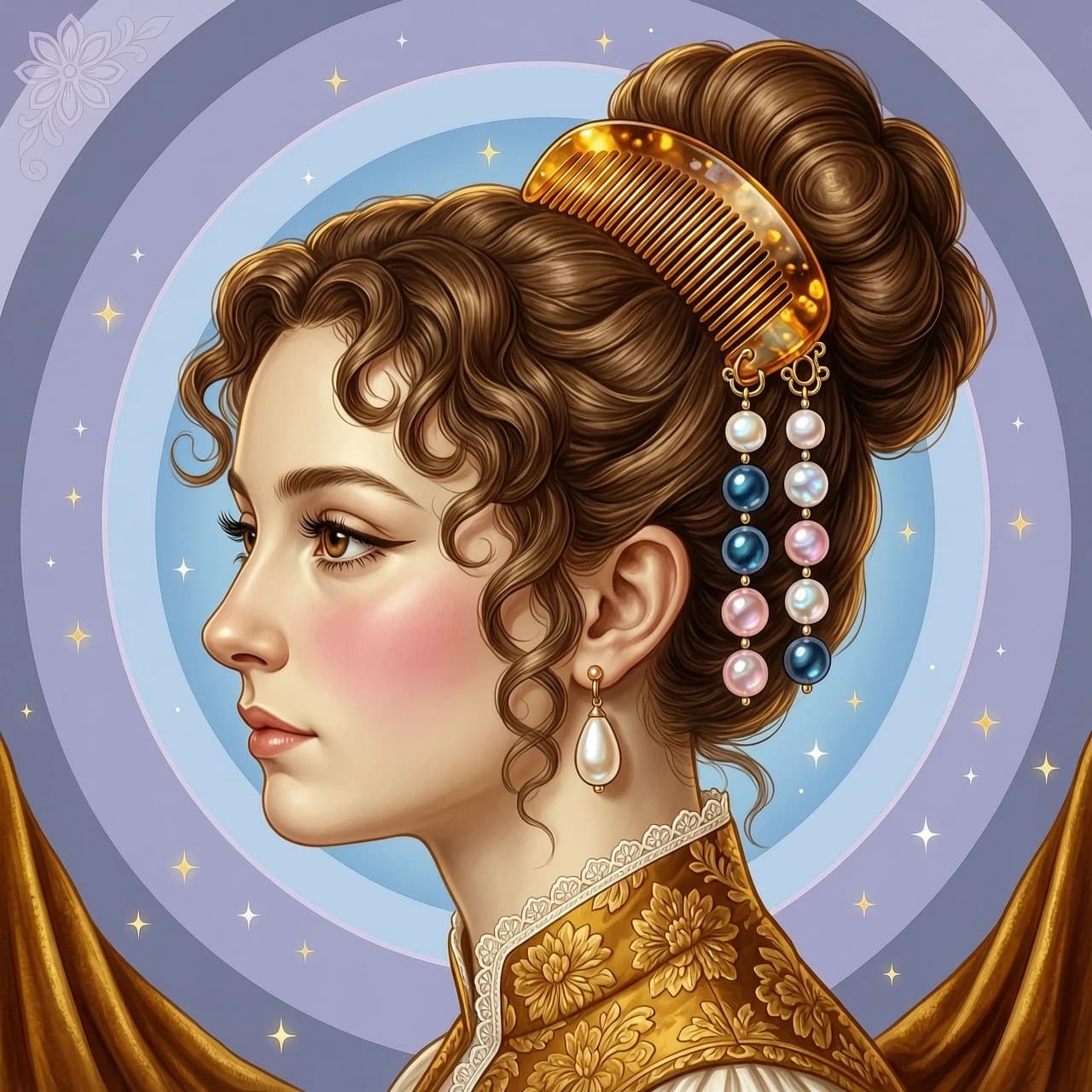 The picture shows a character in a stylized illustration, using the technique of a romantic portrait. 
 The girl is turned in profile to the right.
- She has big expressive eyes with long eyelashes and a delicate blush on her cheeks.
- Brown hair, gathered in a high bun with curls on the sides of the face.  The bundle is held together by an amber comb, which is decorated with pendants made of mother-of-pearl beads (blue, white and pink). The background consists of soft circles in different shades of blue and lilac, creating a light gradient. Colour:all shades of amber. (Style):fantasy art, Baroque, art design, romance, close-up, formal portrait, high quality, intricate details.