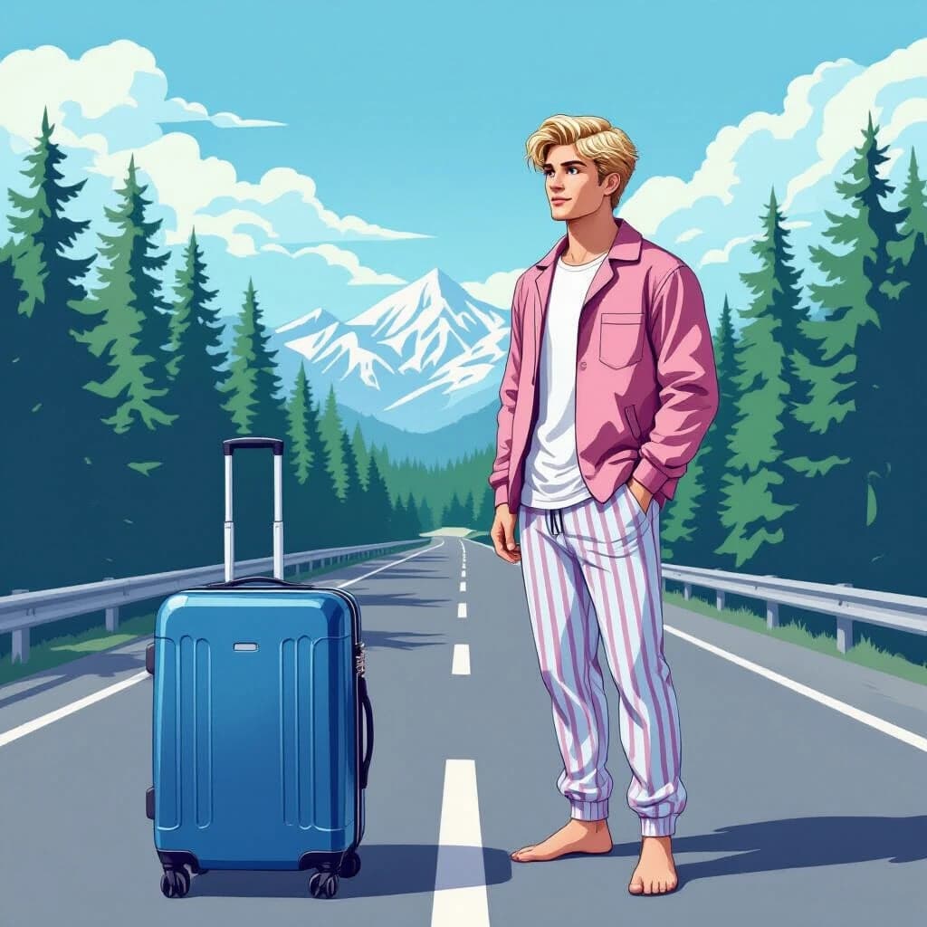 A mystical illustration of a handsome young man in his 20s with blond hair and eyes standing on a highway in the middle of a pine forest. He's wearing striped pajama pants and a pink windbreaker, looking around, and next to him is a large blue rolling suitcase with a handle. High-quality image, attention to detail.