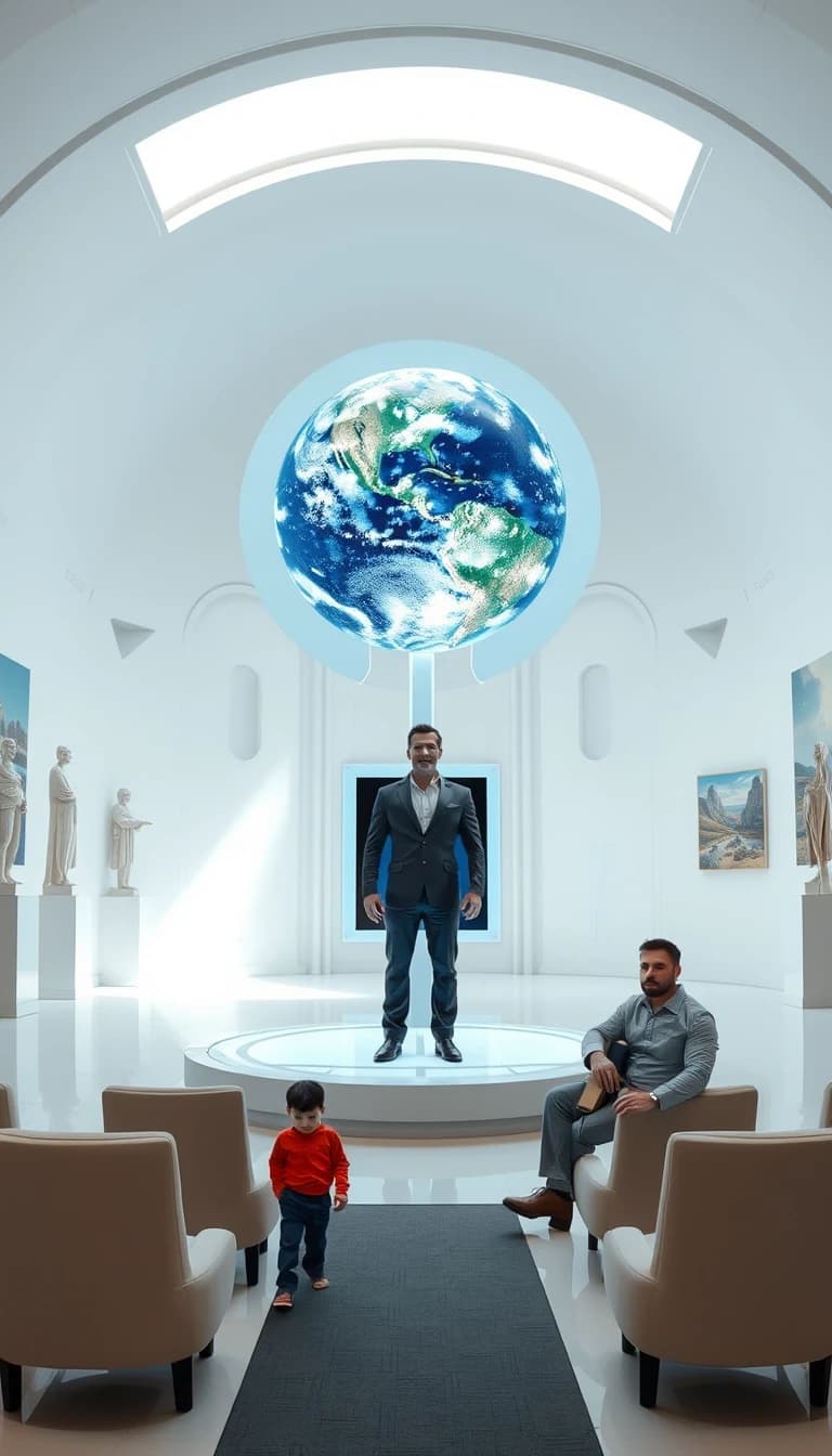A large, semi-circular, white hall with no windows. Along the walls are sculptures depicting a ball on a very thin pillar. The walls are adorned with paintings depicting a ball on a pale blue background, with the surface of the ball covered in a mosaic pattern made up of numerous small black and mirror-like tiles, standing on a very thin pillar on a pale blue background. In the center of the hall is a holographic terminal. Standing near the terminal is a tall, muscular man in a flight suit without any insignia, accompanied by a 12-year-old boy. In the background, near the wall, a man in a silver-black suit is sitting on one of the soft chairs with a surprised expression on his face, while a young man in a flight suit with a thin sword on his belt is standing next to him. Above the holographic terminal, a three-dimensional image of the planet Earth is rotating, consisting of a mosaic pattern made up of numerous small black and mirror-colored tiles.