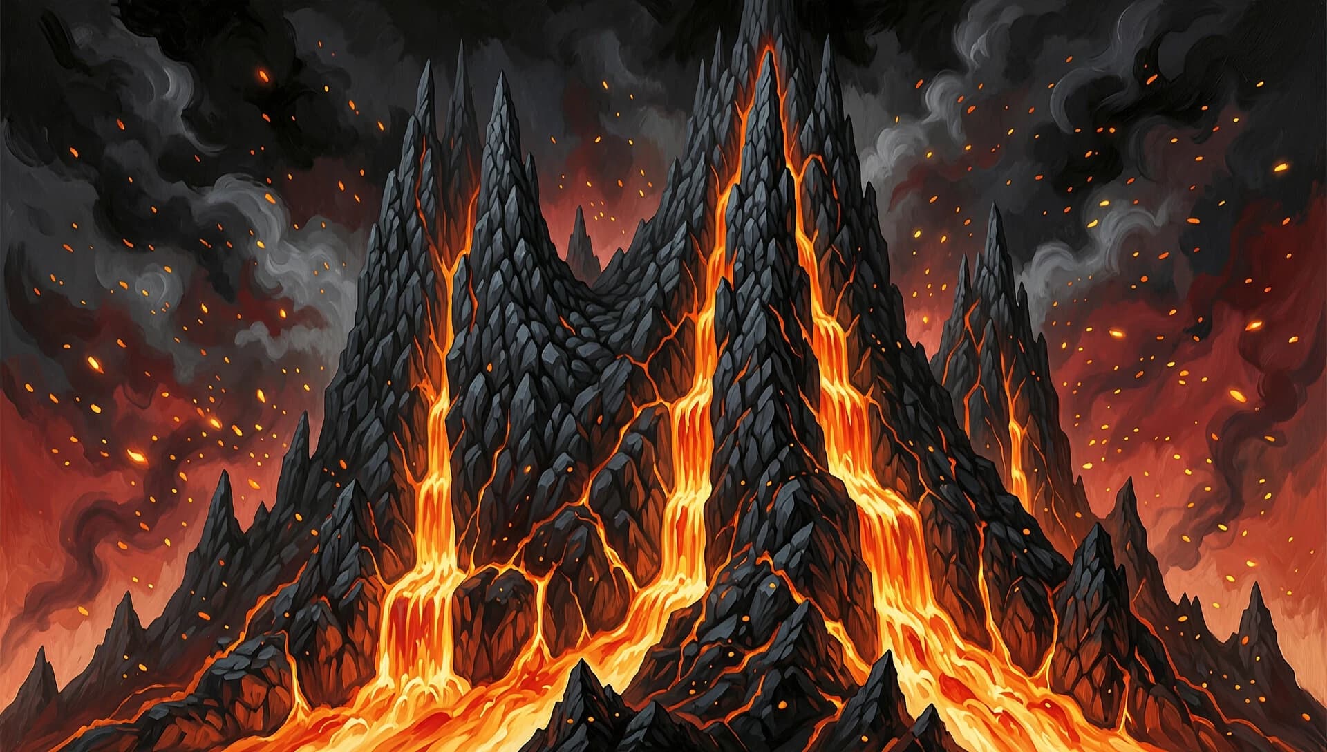 Dark fantasy oil painting artwork, widescreen 16:9 layout. A majestic and terrifying artistic illustration of Angband, the iron fortress of Morgoth. In the center, the three colossal jagged peaks of Thangorodrim are rendered with heavy, textured paint strokes against a swirling pitch-black and blood-red stormy sky. Glowing rivers of thick orange magma cascade down massive black stone walls, painted with rich impasto textures and sharp high-contrast highlights. Embers and dramatic sparks float through the dark, smoky air, creating a deep sphere of inspiration. Moody, epic fantasy book cover style, dramatic fine art lighting, ultra-detailed textures, 8k resolution. NO 3D render look, NO faces, clean artistic composition