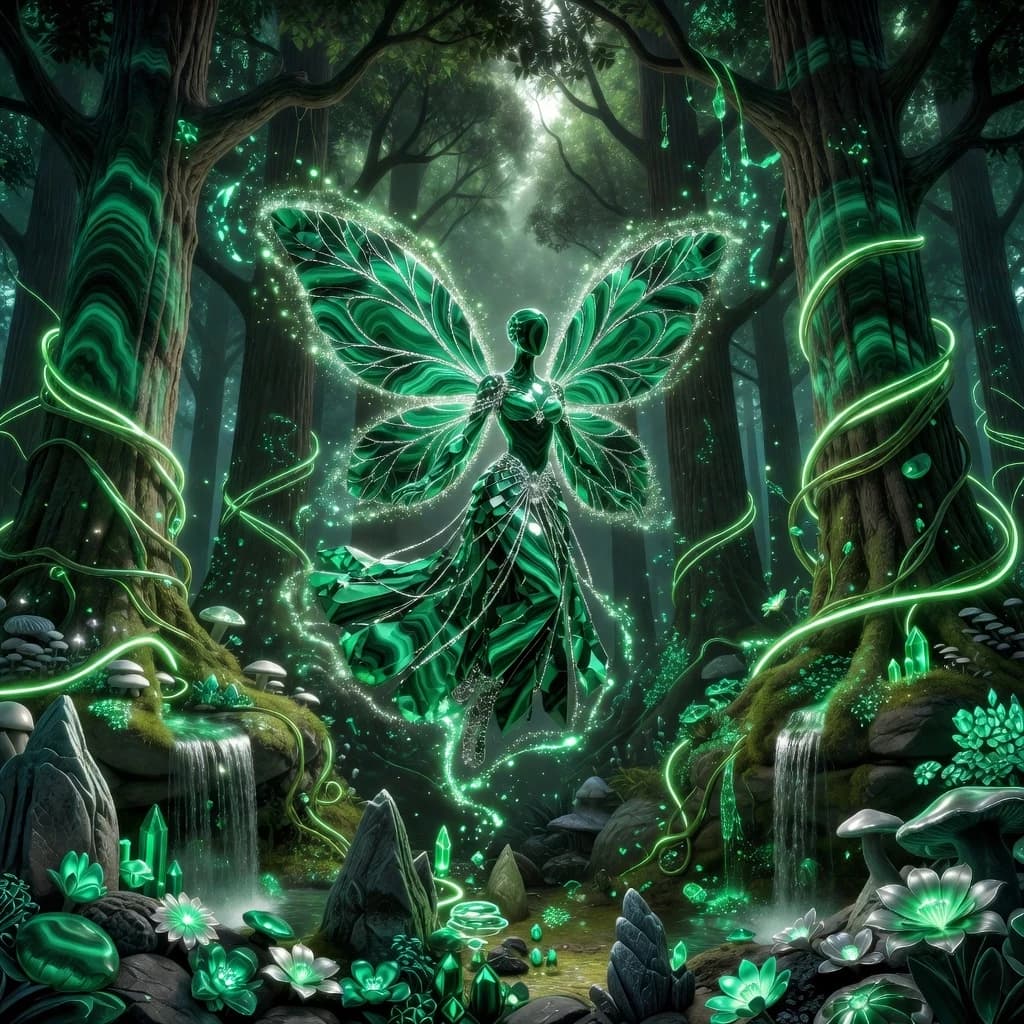A malachite fairy hovers in the heart of an enchanted forest, her translucent figure shimmering with deep emerald shades of a gemstone. A flowing dress made of malachite crystals, decorated with luminous silver threads, gently sways in the air, and wings, as if carved from the finest veins of stone, create a magical halo around her. Ancient trees with malachite bark tower around, their crowns are permeated by soft light that filters through the foliage. Luminous vines wrap around the trunks, miniature waterfalls with emerald streams flow down the stones, and luminous particles of malachite swirl in the air. The fairy is surrounded by a magical atmosphere: crystal sparks dance around her, luminous flowers bloom on the ground, and stone mushrooms and stalagmites create a bizarre landscape. Hyper-realistic digital art rendering with neon glow elements and soft gradients gives the image a modern aesthetic while maintaining a fabulous atmosphere.