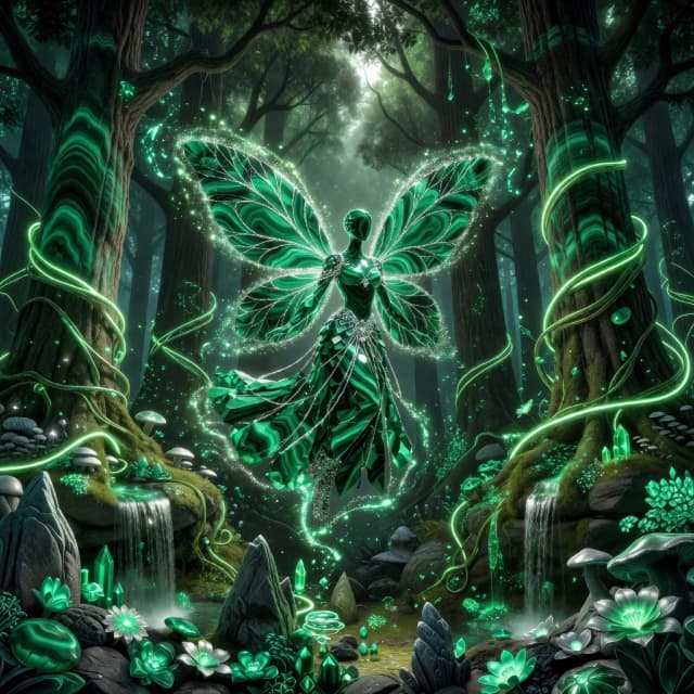 A malachite fairy hovers in the heart of an enchanted forest, her translucent figure shimmering with deep emerald shades of a gemstone. A flowing dress made of malachite crystals, decorated with luminous silver threads, gently sways in the air, and wings, as if carved from the finest veins of stone, create a magical halo around her. Ancient trees with malachite bark tower around, their crowns are permeated by soft light that filters through the foliage. Luminous vines wrap around the trunks, miniature waterfalls with emerald streams flow down the stones, and luminous particles of malachite swirl in the air. The fairy is surrounded by a magical atmosphere: crystal sparks dance around her, luminous flowers bloom on the ground, and stone mushrooms and stalagmites create a bizarre landscape. Hyper-realistic digital art rendering with neon glow elements and soft gradients gives the image a modern aesthetic while maintaining a fabulous atmosphere.