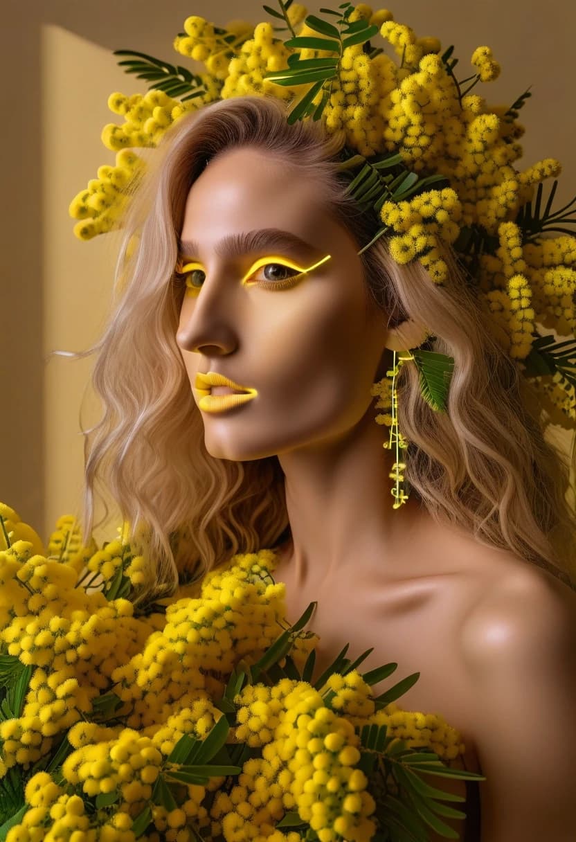 A realistic yellow flexible LED neon tube is physically placed on top of the mimosa flowers. Glowing electric neon line, real glass neon pipe glowing with bright yellow light attached to the flower bouquet, high contrast graphic lines, tangible commercial neon sign object