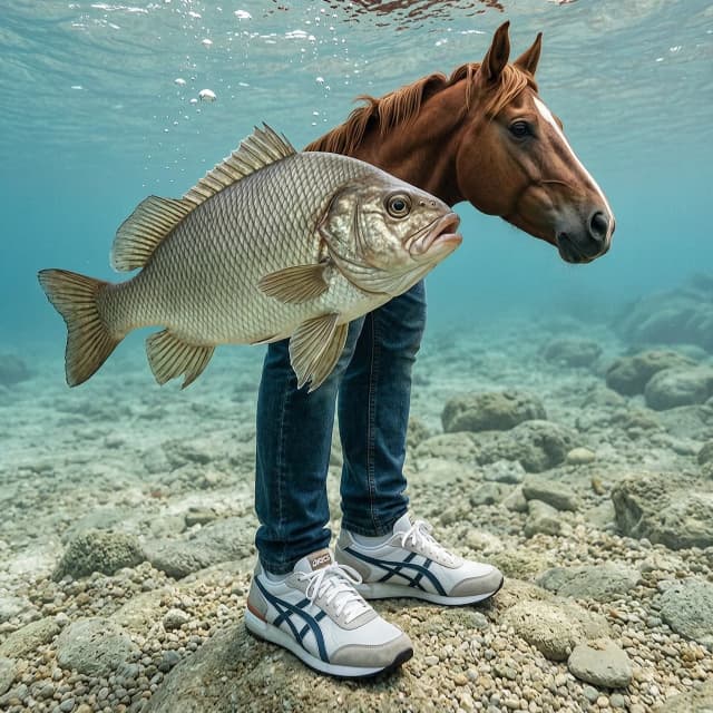 создай изображение рыба с головой лошади и ногами человек в кроссовках asics