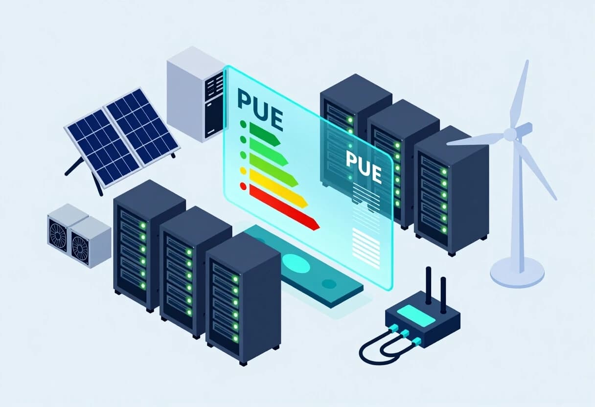 Isometric vector illustration of a modern data center energy management concept. A central holographic dashboard showing PUE metrics and green efficiency graphs. Around it: server racks with glowing status LEDs, cooling chillers, UPS units, solar panels, wind turbines, and a wire-connected industrial IoT controller (small box with antennas). Clean flat design, blue-teal-cyan color palette, gray‑blue background, professional tech infographic style, crisp lines, no text, no shadows.
