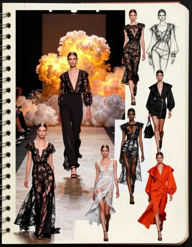Aesthetics: photorealism, analog graphics, grunge collage, perforated notebook pages, stylish, beautiful designer sketches and drawings, fashion design as seen on the runway at Haute Couture Week, decoupage, lace, glass, clothes only, no characters, fashionable clothes in complex photorealistic poses, collage from a designer magazine, a dizzying, breathtaking view, no buildings, dramatically illuminated and glowing clouds, unusually bright, saturated colors.