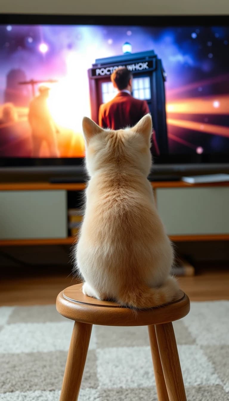 Котёнок персикового цвета сидит на деревянной табуретке перед телевизором и смотрит сериал Доктор кто. вид со спины.