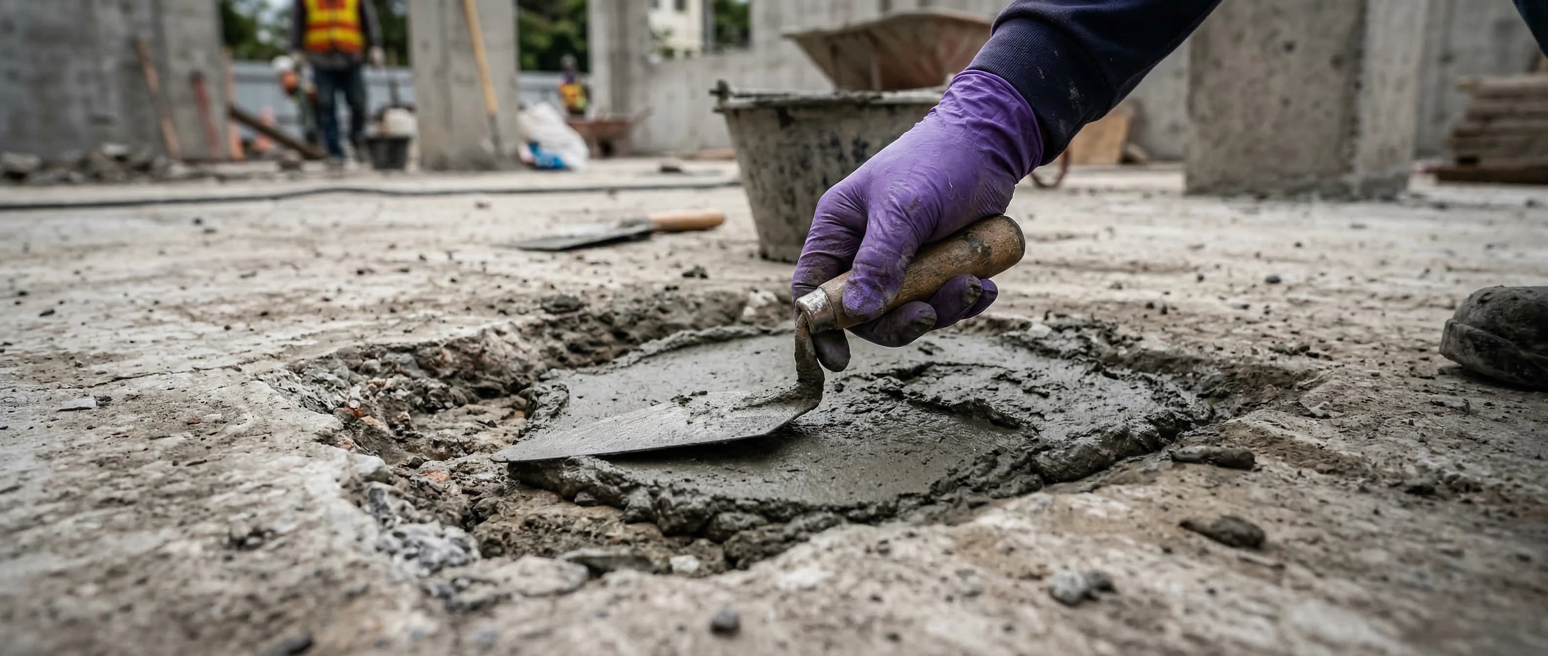 Create a highly realistic photo in high resolution, 4k. The image shows the process of repairing a concrete surface. In the center of the frame is a hand wearing a protective glove, holding a metal trowel (masterpiece) with a wooden handle. This tool is used to apply or level cement (or repair) mortar in a depression (pit) on the concrete surface.
The damaged area of the concrete is visible: the edges of the pit are uneven, and the material's structure is exposed. A fresh mortar has already been placed in the recess, and the master is carefully spreading it with a trowel to achieve a smooth surface. The concrete base around the damage appears worn out, with visible cracks and signs of wear.
The background is slightly blurred, emphasizing the focus on the work being done. The color scheme is neutral, with gray and beige tones of concrete and mortar, as well as the purple color of the glove. The image conveys the atmosphere of construction or repair work related to the restoration of concrete and reinforced concrete structures.