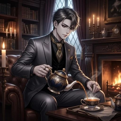 A high‑quality anime‑style illustration depicting a young man with noticeably ash‑pale skin and a refined appearance, dressed in an exquisite charcoal‑colored custom‑made suit with a delicate silk texture. He is captured in a graceful, confident movement, pouring steaming amber tea from an elegant porcelain teapot into a matching, delicate cup. The intricate details of the tea service are adorned with delicate gold filigree patterns. The scene takes place in a dimly lit, luxurious living room in a classic style, with mahogany bookshelves and warm candlelight. Cinematic lighting with dramatic chiaroscuro, emphasizing the steam rising from the cup and the sharp outlines of his face. A gloomy, calm, and aristocratic atmosphere. A masterpiece rendered with soft gradients of digital painting, sharp lines, and highly detailed eyes, inspired by the lighting aesthetics of Makoto Shinkai.