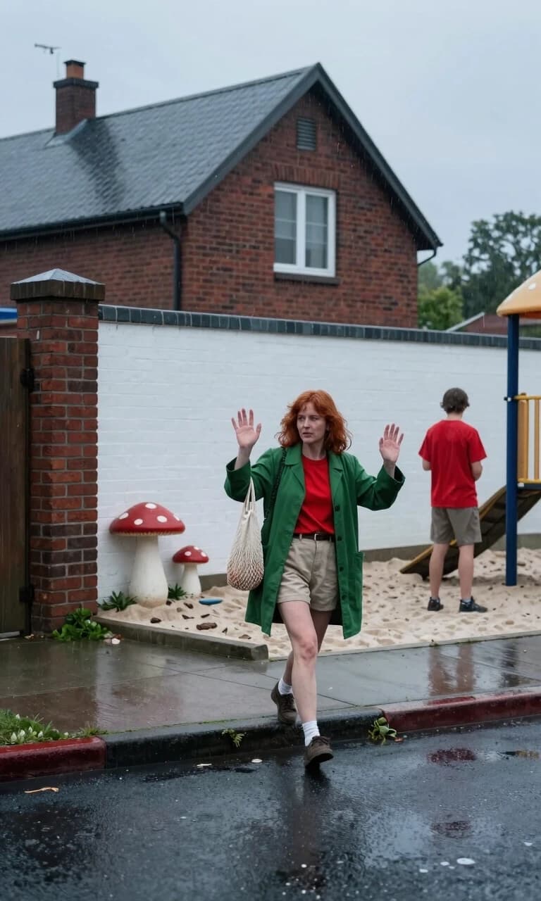 A red-haired woman in a green, vintage coat and an open shirt walks down the street, waving her arms, holding a white mesh bag. She walks along the sidewalk. Part of a house, part of a wall made of dark red brick. The wall is painted white. The sidewalk. Part of a sandbox under a mushroom-like pattern. A playground. Evening twilight. It's raining. The asphalt is covered with droplets, turned gray from the rain. Wet asphalt. On the playground, there is damp white sand. The woman stands and walks towards the viewer. The camera shows two floors of the house. She wears a red T-shirt and beige shorts.