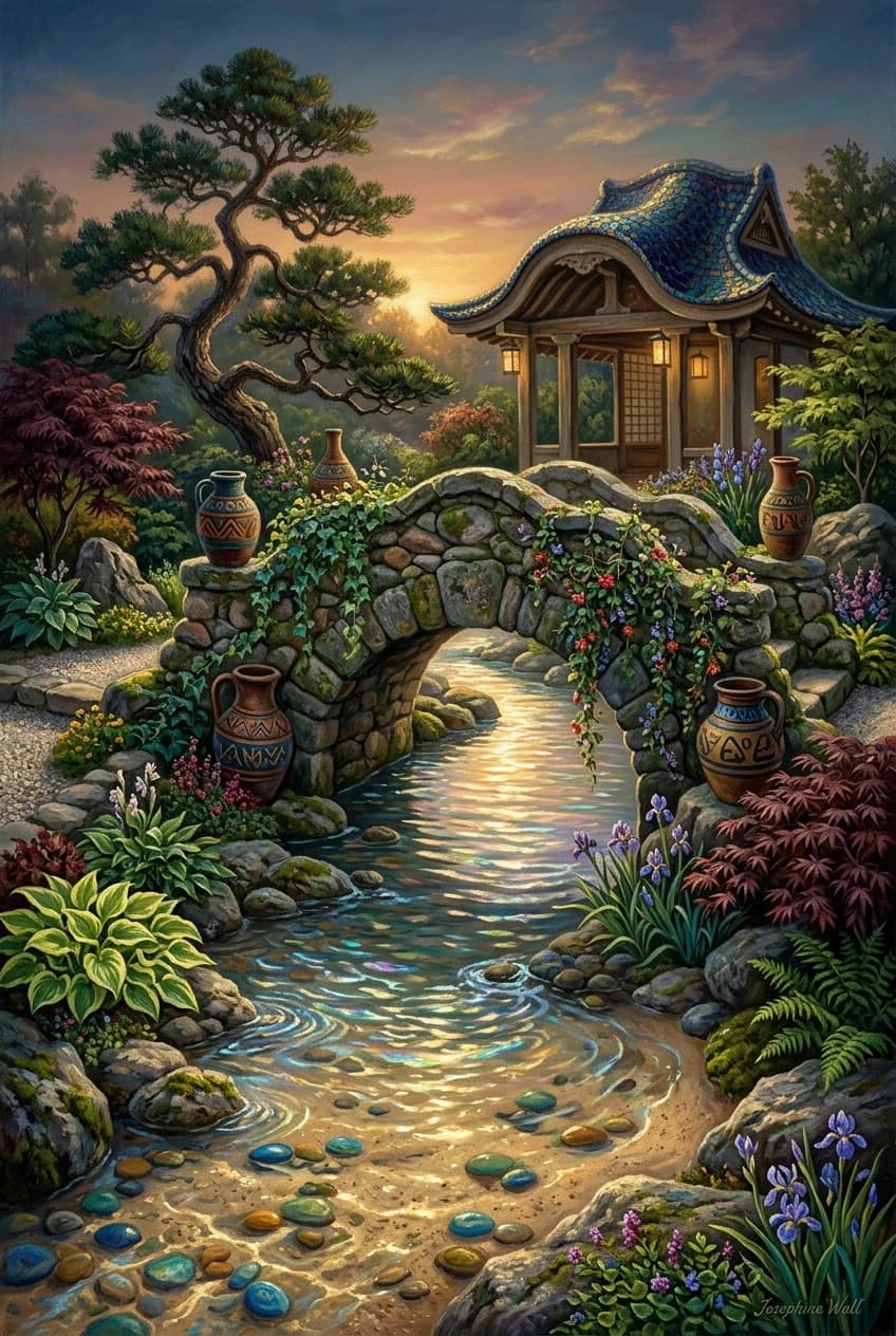 A small landscape architectural form in a style that combines Gaudí’s modernism and Japanese wabi‑sabi. A neat, well‑maintained rock garden with a stream in picturesque banks covered with decorative vegetation in contrasting shades. The water in the stream is clear, sparkles in the sun, and creates iridescent reflections. Through the clear water, you can see the sandy bottom with bright pebbles. A stone bridge spans the stream; its parapets are decorated with old jugs featuring ethnic ornaments and climbing ivy vines. In the style of Repin, Vasnetsov, and Josephine Wall. It’s magical and cozy.