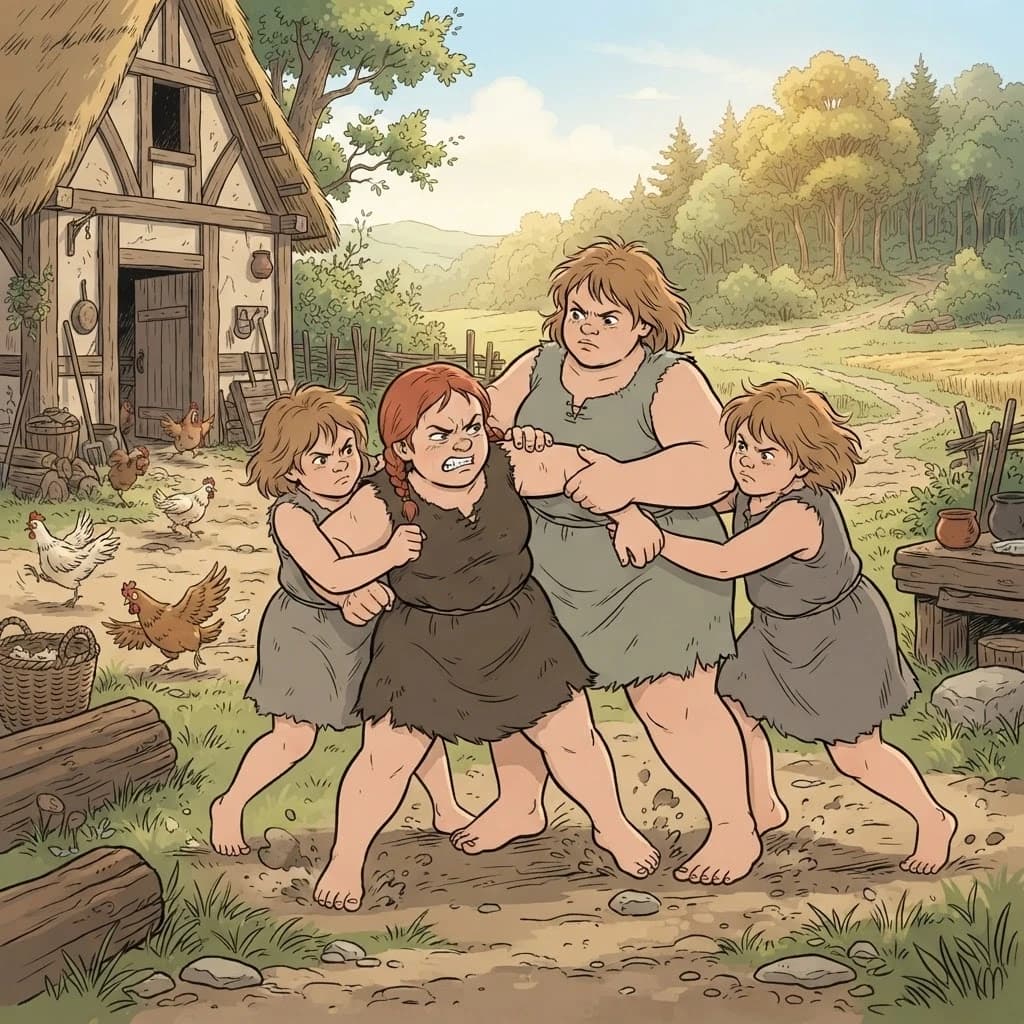 Subject and Setting: Four girls wrestling, three holding one by the arms in a backyard, low fantasy.
Character (left): Tall, very plump, broad-shouldered. Short red braid, clenched teeth, narrowed eyes. Rough, short, sleeveless, dark brown dress.
Characters (surrounding): Plump. Tousled light brown hair, pressed lips, intense gaze. Rough, short, sleeveless, gray dress. Background (left): Tall peasant hut. A yard with several frightened chickens.
Background (distance): Sunlit wooded hill, daylight.
Style and Texture: European ligne claire / BD comics.

Lighting and Color. Warm daylight, muted ochre, earthy, sage-green palette.
Specifications: Panoramic view, 4:3 aspect ratio.