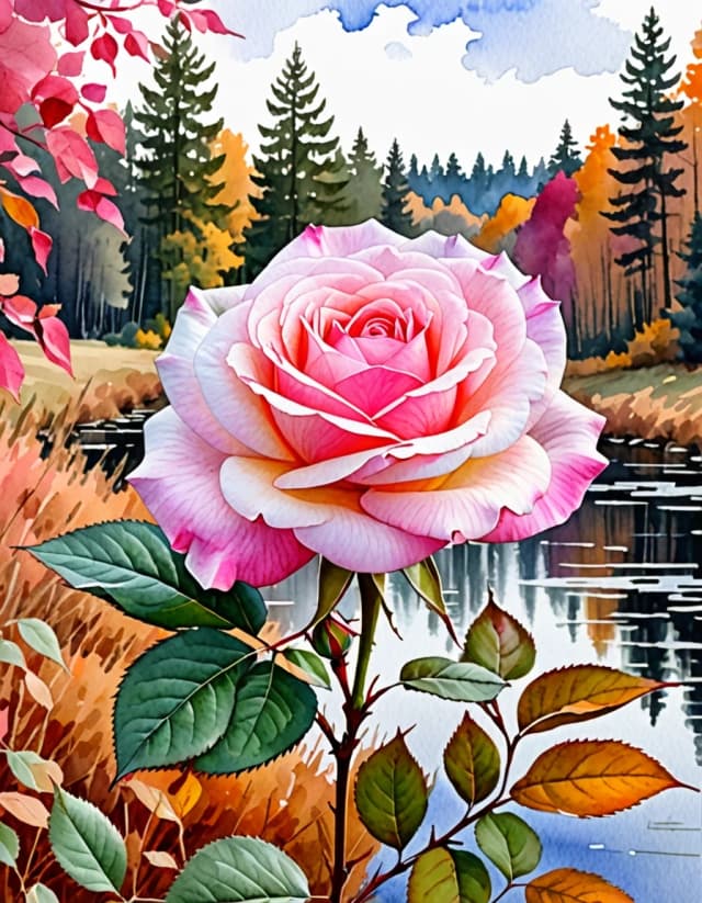 A masterpiece. Creating an image. The style is watercolor painting. Delicate watercolor on raw, on paper.((A delicate pink rose on the background of an autumn landscape:1.6)). High resolution. High detail and clear texture. Intense close-up. High quality. Increased attention to small details. The aspect ratio is 3:4. The artists are Levitan, Shishkin.