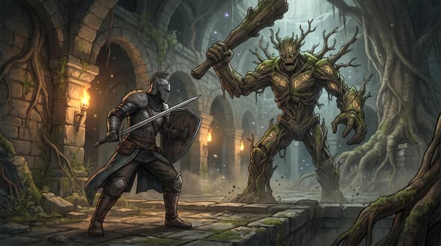 Dark Souls (Game), герой в доспехах Фараама, боевая стойка против деревянного великана, на фоне подземных руин, стиль аниме с реалистичными деталями
