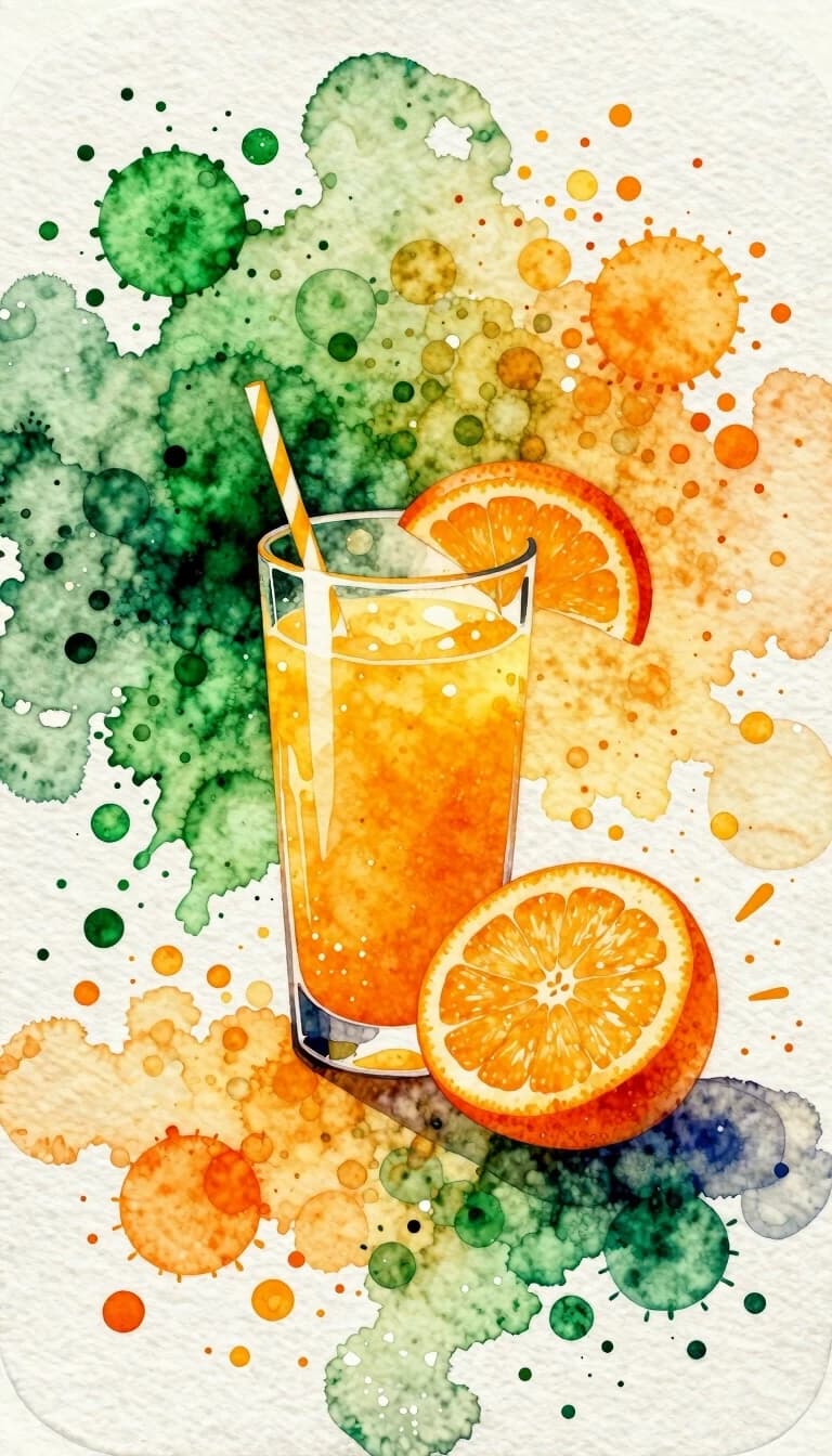 Watercolor splashes and streams of watercolor on rounded watercolor paper. In the style of Agnes Cecil. Image in the technique of digital pointillism. Drops and spots of bright colors add up to a small, logo-like still life: a glass of bright tropical juice and an orange created from colored watercolor spots of blots, dots on a textured canvas: a complex pattern of dots and drops, a fractal pattern of dots and drops around. Delicate drops of watercolor form the texture of an orange peel. The point textures of the complex fractal background form a bizarre abstraction. A harmonious combination of watercolor impressionism and pointillism. The atmosphere of strangeness and surrealism. Soft warm golden light, bright shades of emerald and amber. Emerald green and sunny orange colors on a light background of textured watercolor paper create a sense of unusual modern craftsmanship and style.