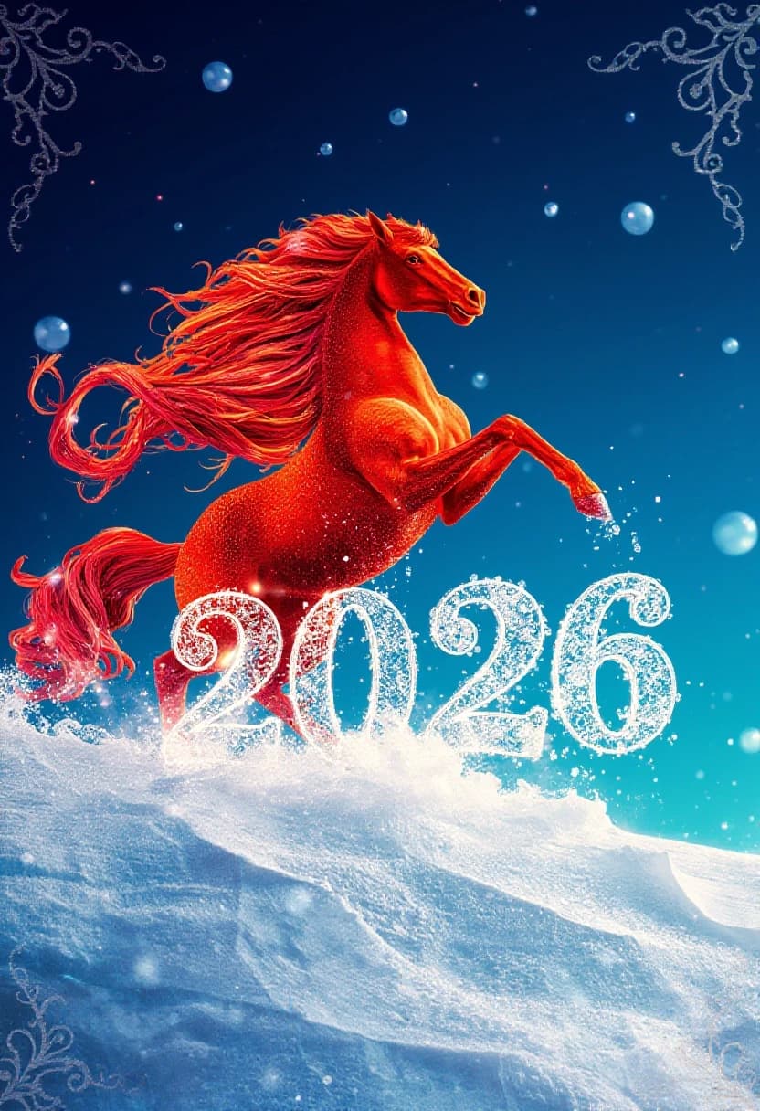 In the double exposure style. An ephemeral mythical creature in the form of a beautiful scarlet fiery horse with a long wavy mane collects the word "2026" from glass letters. In a jump. Background: bright blue night sky with grandiose continuous ornamental frosty patterns, zigzags, spirals of frost. Needles, transparent glass balls, silk, tulle. 
In the "Glitter" style: magical realism, natural symphony, shapes dissolve into color, lines flow like water, translucent layers with a watercolor texture, intricate ornaments at the corners of the composition.
Iridescence, lace, entourage, fantastic plot, New Year's tale, magic, whimsicality, originality. High detail, cinematic lighting, solemn festive atmosphere, realistic.