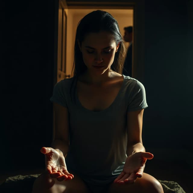 A woman sitting alone in a dim room, her hands open on her lap, palms up — empty. She looks down at her empty hands, tired, drained. Behind her, in the background, a man's silhouette stands in a doorway, facing away, indifferent, already leaving or already gone. A faint golden glow is fading from her chest — the last of her energy. Dark atmospheric background, warm dim light from a single source, deep shadows, warm golds fading to cold blues. Hyperrealistic dark fantasy portrait, photorealistic, emotional, symbolic. Vertical composition, no text. Mood: exhaustion, quiet draining, the loneliness of giving everything to someone who doesn't see it