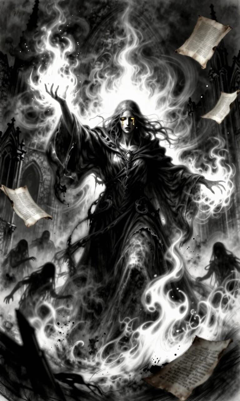 Prompt:
A monumental 8k dark fantasy masterpiece, executed in a hybrid technique of ethereal smoke painting and raw, aggressive charcoal sketching. The "Saint Inquisitor of Ash" is a towering figure draped in heavy, tattered robes of obsidian silk that bleed into a swirling vortex of grey ash and embers. She is captured in a dynamic, explosive action: her arms are flung wide, and from her fingertips erupts a colossal tidal wave of searing white fire and suffocating black soot that consumes the surrounding gothic ruins. However, amidst this devastation, her face is a mask of profound sorrow, her eyes weeping liquid gold. Around her, the air is filled with floating, charred pages of ancient scriptures and ghostly silhouettes of those she has saved. Lighting: a stark, dramatic contrast between the blinding, divine radiance of the flames and the oppressive, velvety darkness of the ash clouds. Technique: a blend of smudged graphite textures, sharp ink splatters, and volumetric light rays, creating a visceral sense of motion, heat, and tragic divinity.